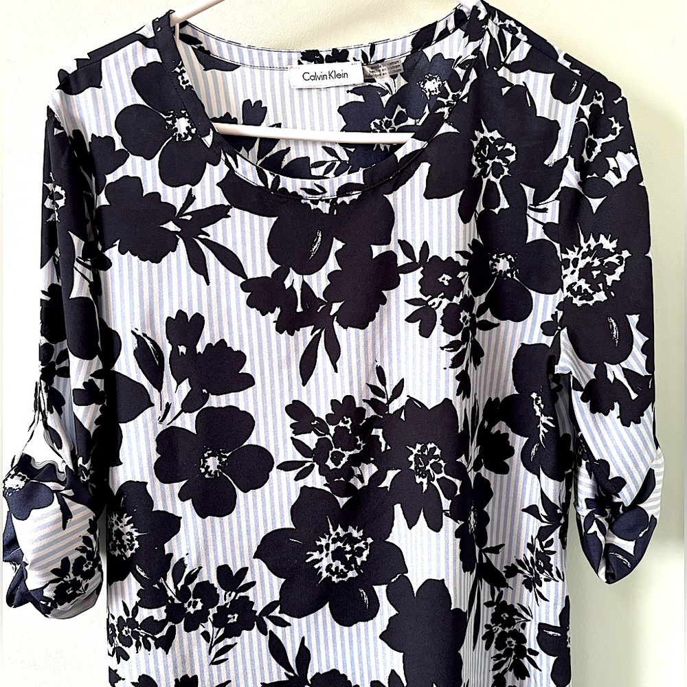 Calvin Klein • Floral and Striped Asymmetrical Blouse